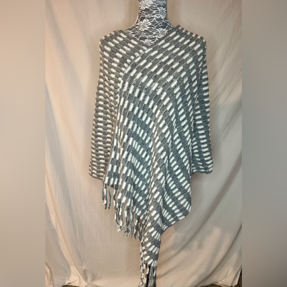 White Mark Gray and White Striped Sweater Poncho -OS